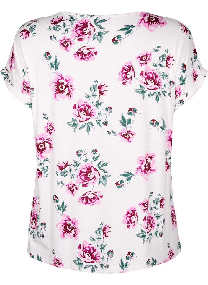 Blomstret viskosebluse med korte ærmer, White Pink AOP, Packshot image number 1