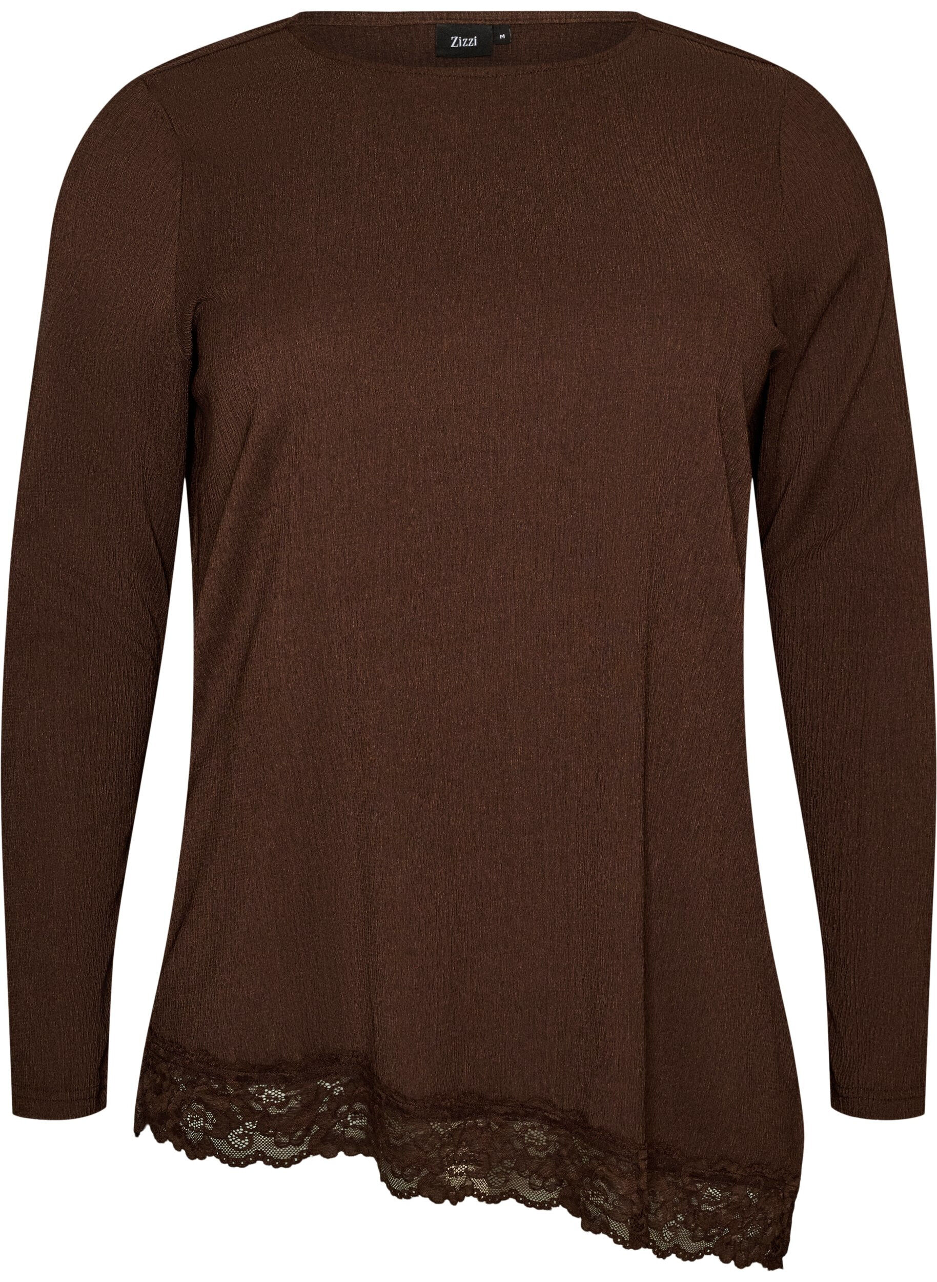 ZizziJerseybluse med asymmetrisk blondekant, Brun, Packshot image number 0