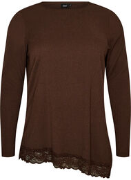 Jerseybluse med asymmetrisk blondekant, Brun