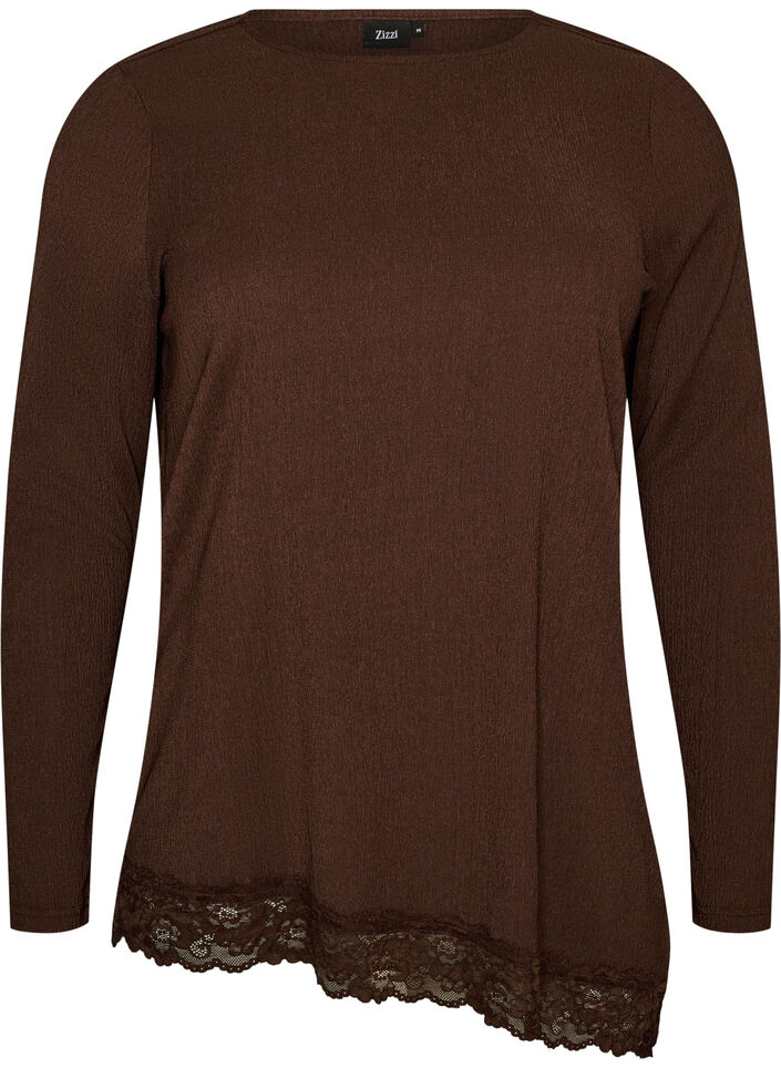 Jerseybluse med asymmetrisk blondekant, Brun, Packshot image number 0