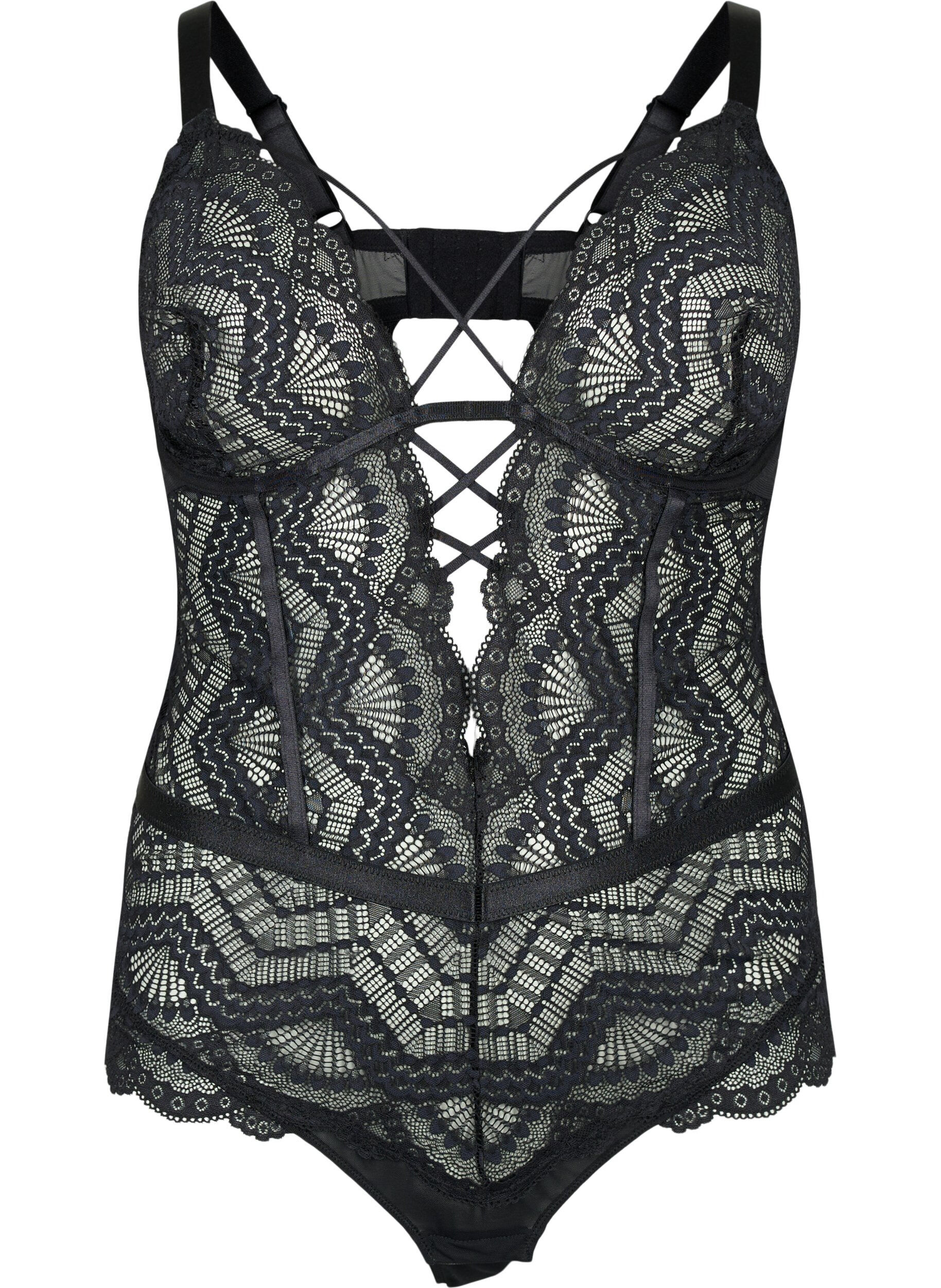 Zizzi Blonde bodystocking med string-detaljer, Sort, Packshot image number 0