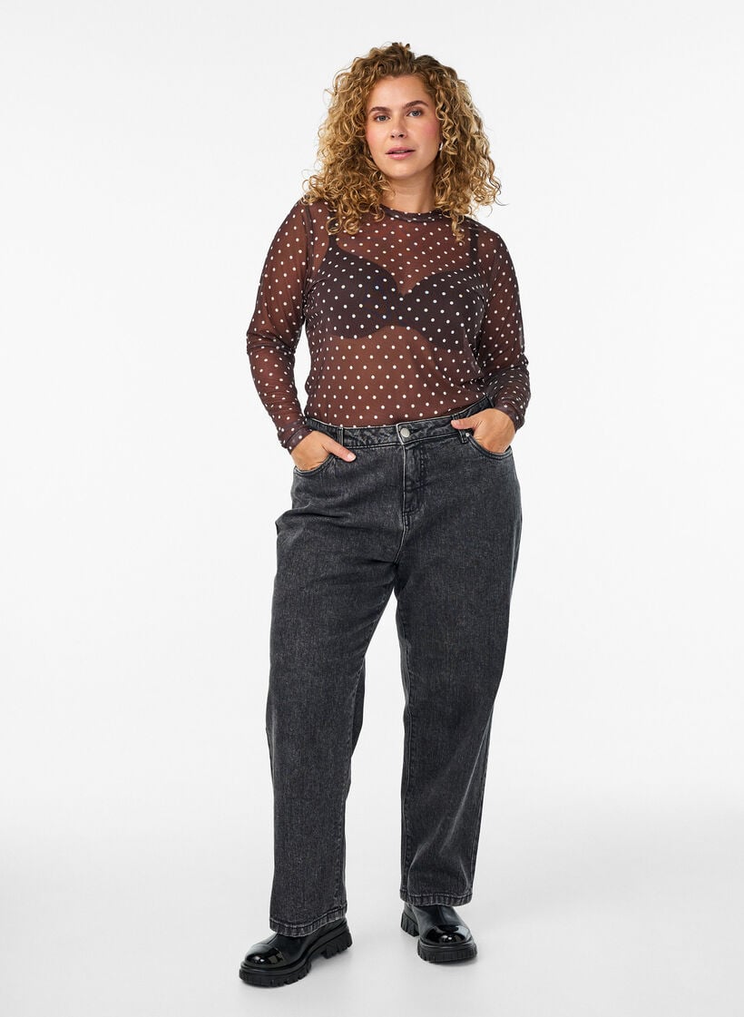 Mesh bluse med prikker, Brun, Model image number 1