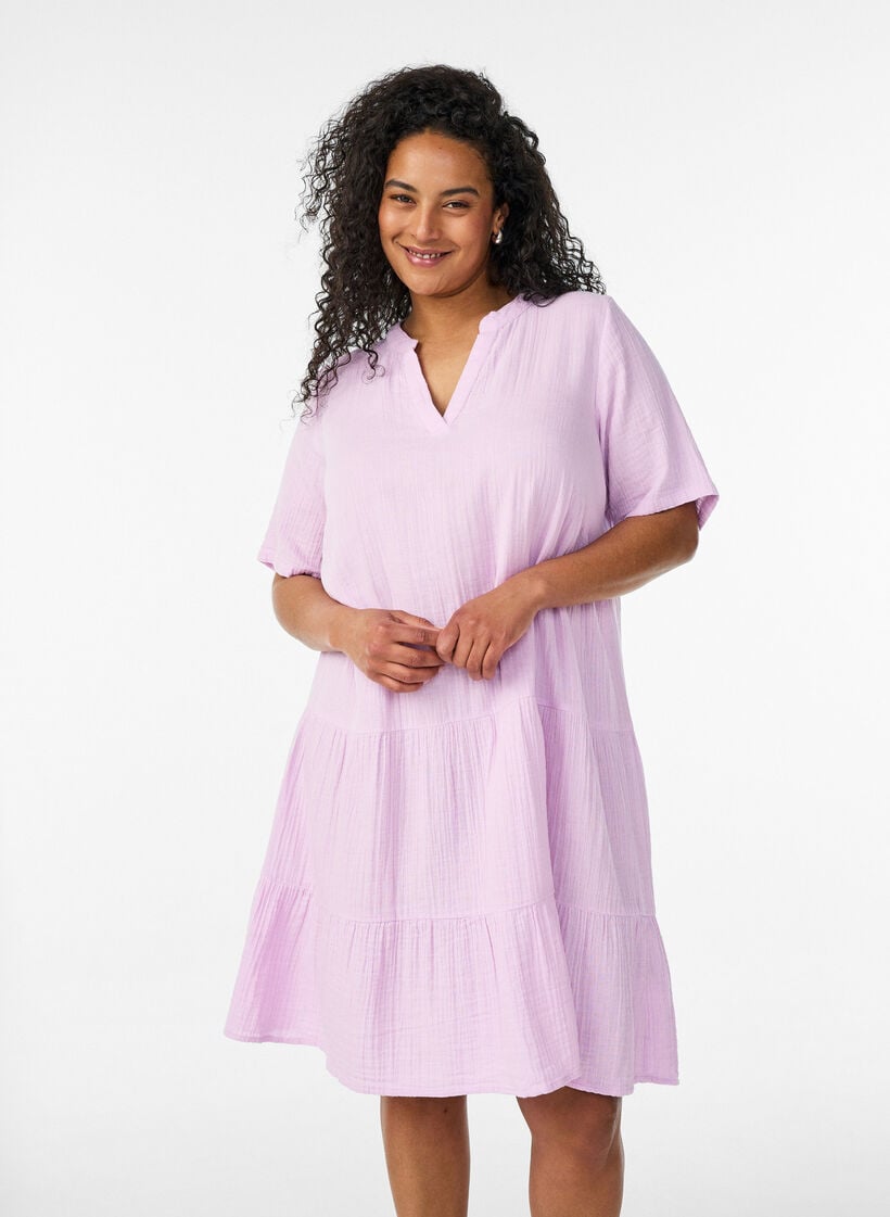 Kort kjole i bomuldsmusselin med A-facon, Lilla, Model image number 0