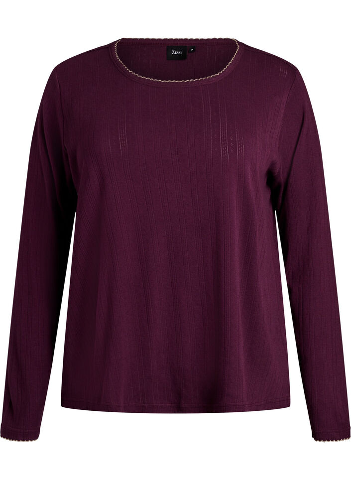 Natbluse i &oslash;kologisk bomuld med hulm&oslash;nster, M&oslash;rk Bordeaux, Packshot image number 0