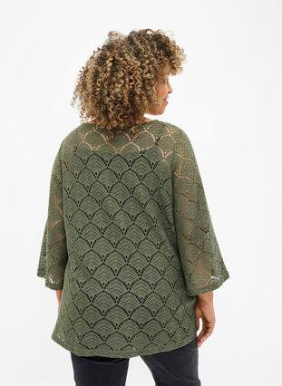 Crochet bluse med 3/4 ærmer, Thyme, Model image number 1