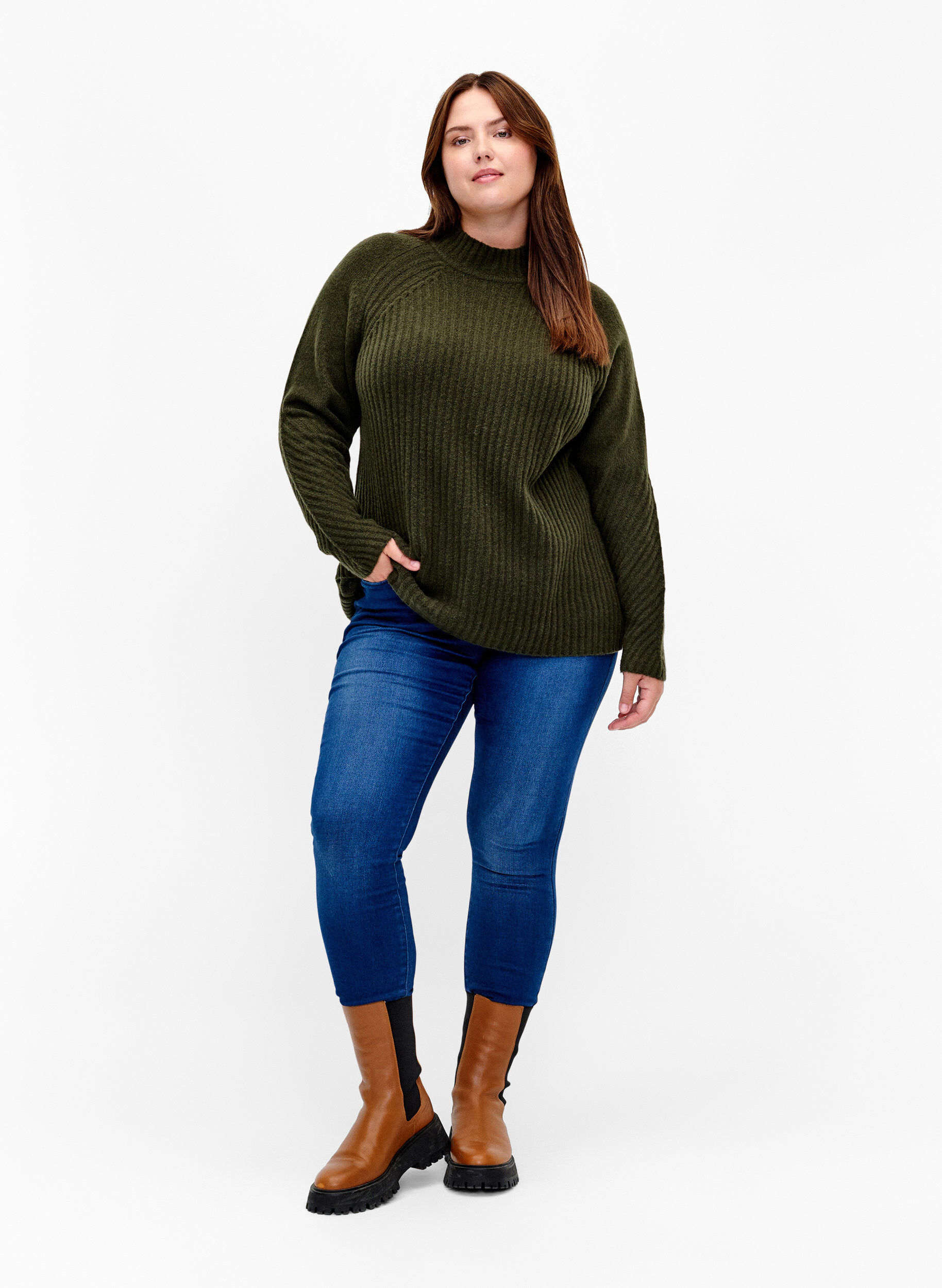 Zizzi Turtleneck strikbluse med rib, Forest Night Mel., Model image number 2