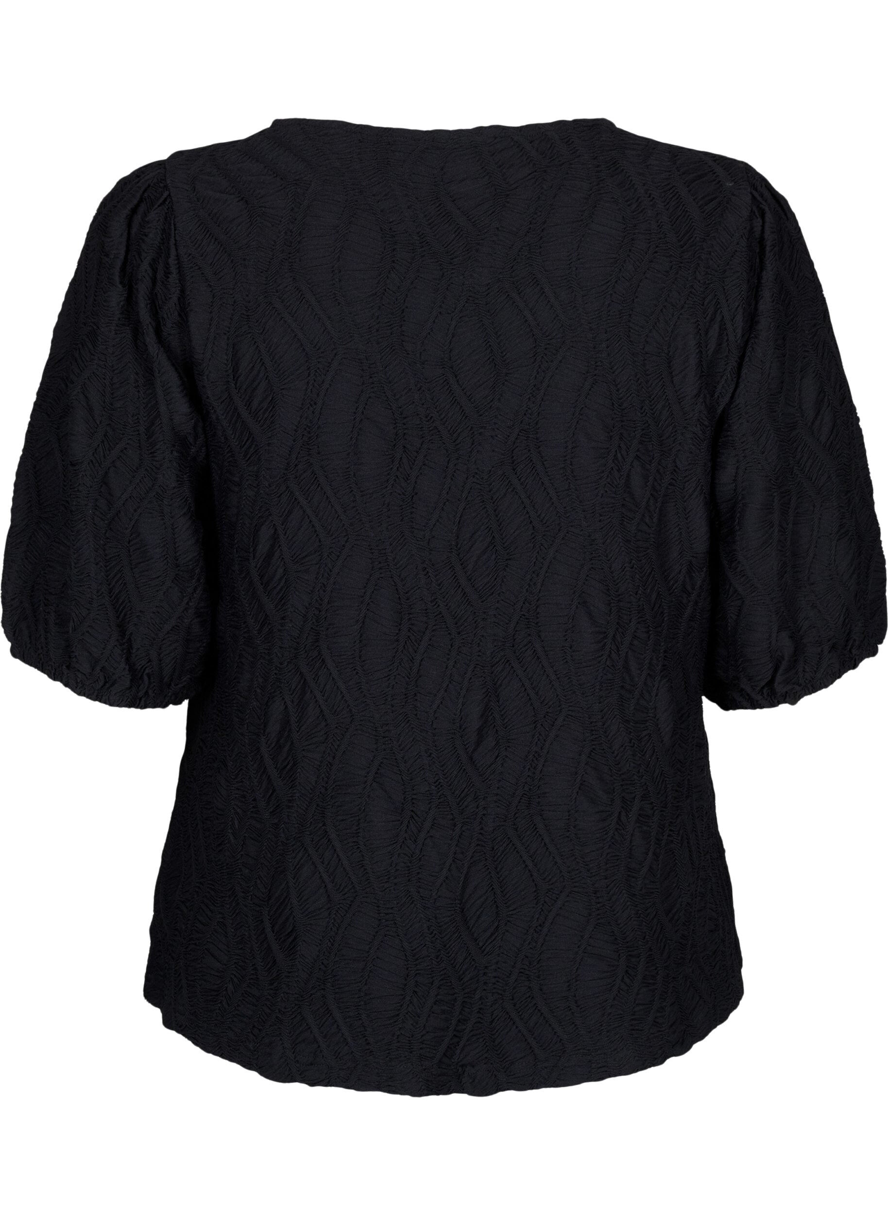 Zizzi Bluse med tekstur og korte &aelig;rmer, Black, Packshot image number 1