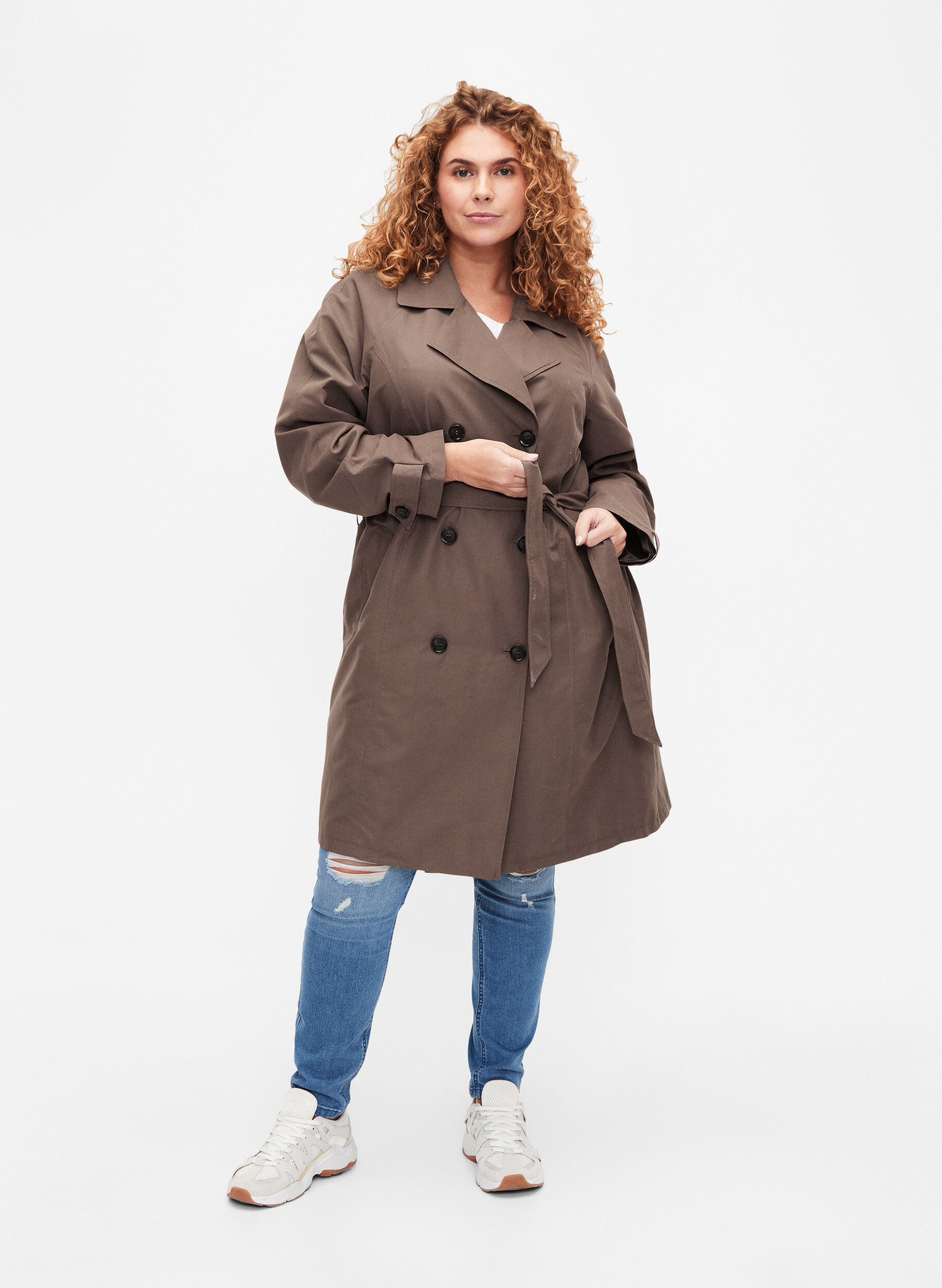 Zizzi Trenchcoat med b&aelig;lte og slids, Chocolate Chip, Model image number 2