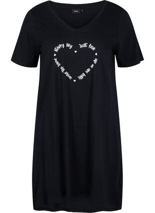 Kortærmet natkjole i bomuld, Black w. White HEART, Packshot image number 0