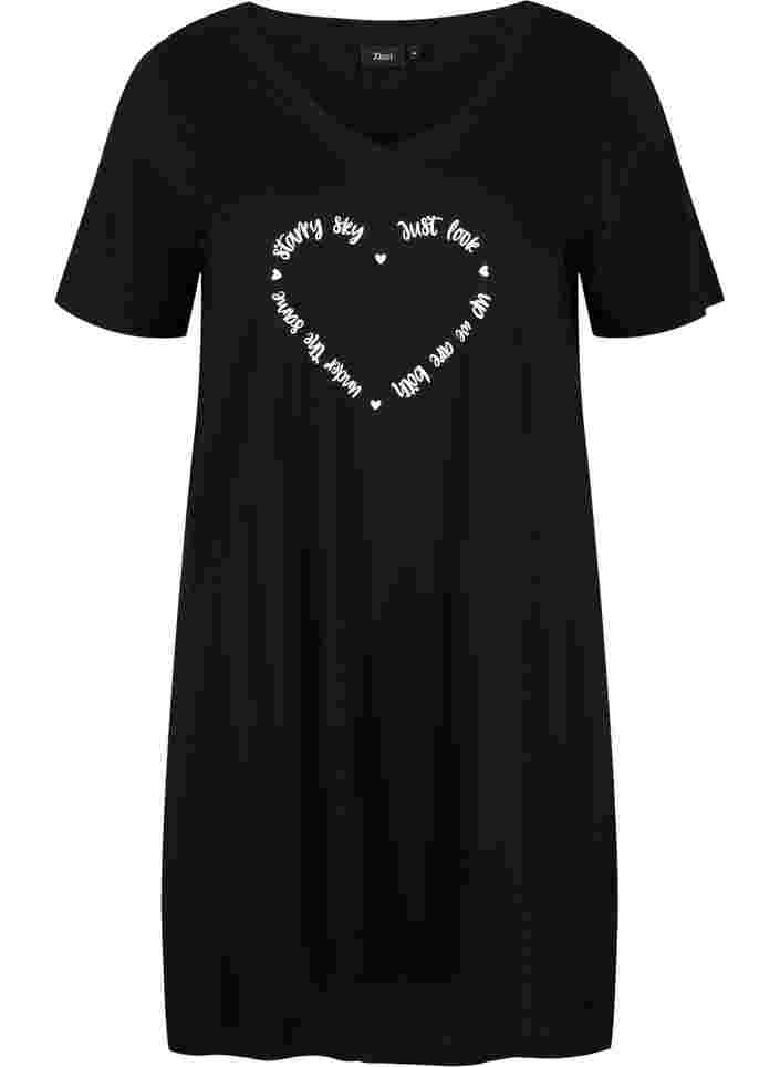 Kortærmet natkjole i bomuld, Black w. White HEART, Packshot image number 0