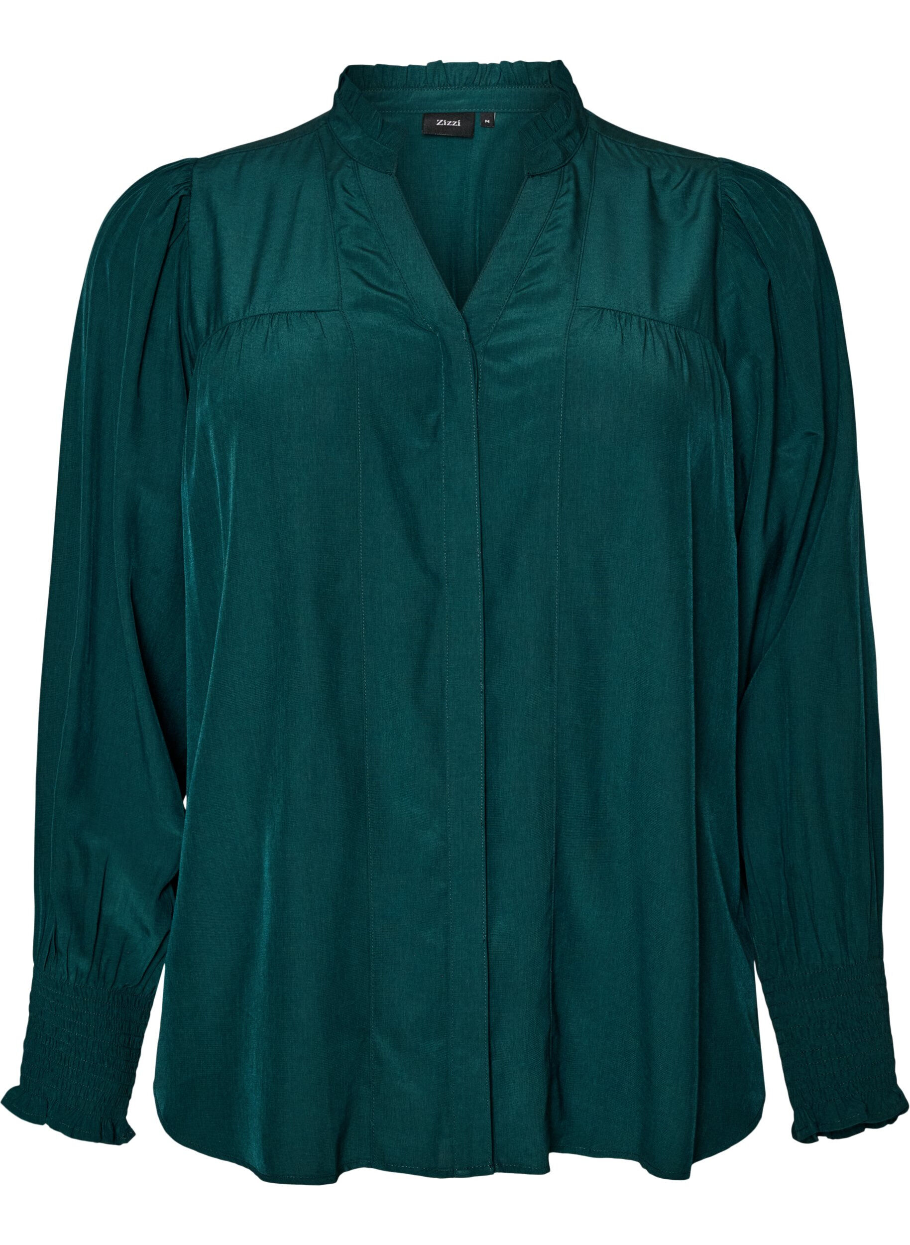ZizziSkjortebluse med fl&aelig;sekrave og rynkedetaljer, Gr&oslash;n, Packshot image number 0