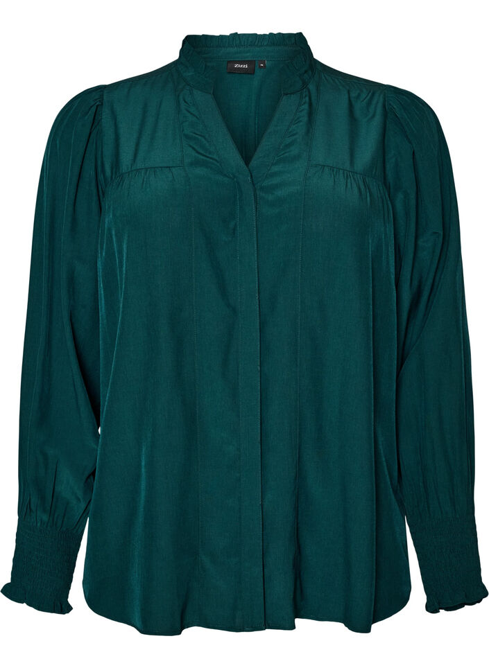 Skjortebluse med fl&aelig;sekrave og rynkedetaljer, Gr&oslash;n, Packshot image number 0