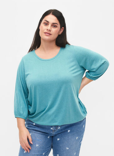 Ensfarvet bluse med 3/4 ærmer, Brittany Blue Mel., Model image number 0