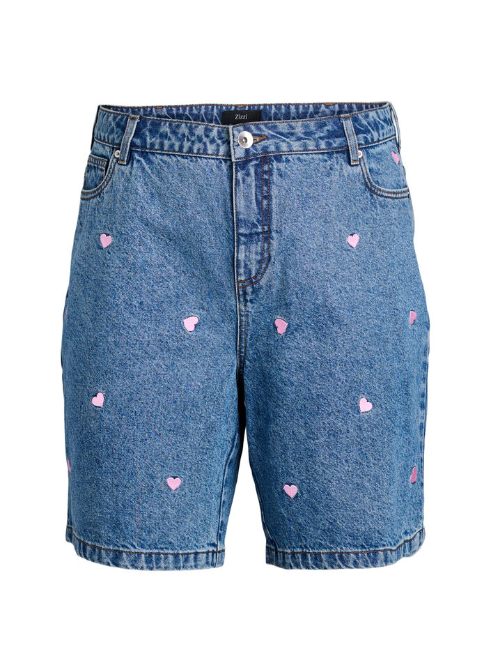 Denimshorts med høj talje og broderede hjerter, Blå, Packshot image number 0