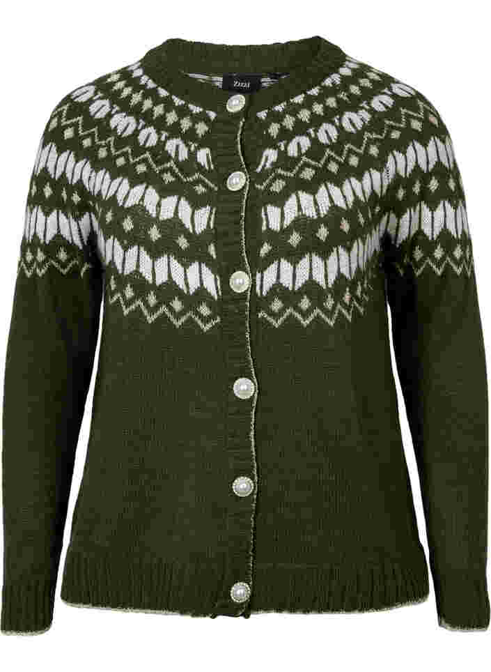 Mønstret strik cardigan med uld, Forest Night Comb, Packshot image number 0