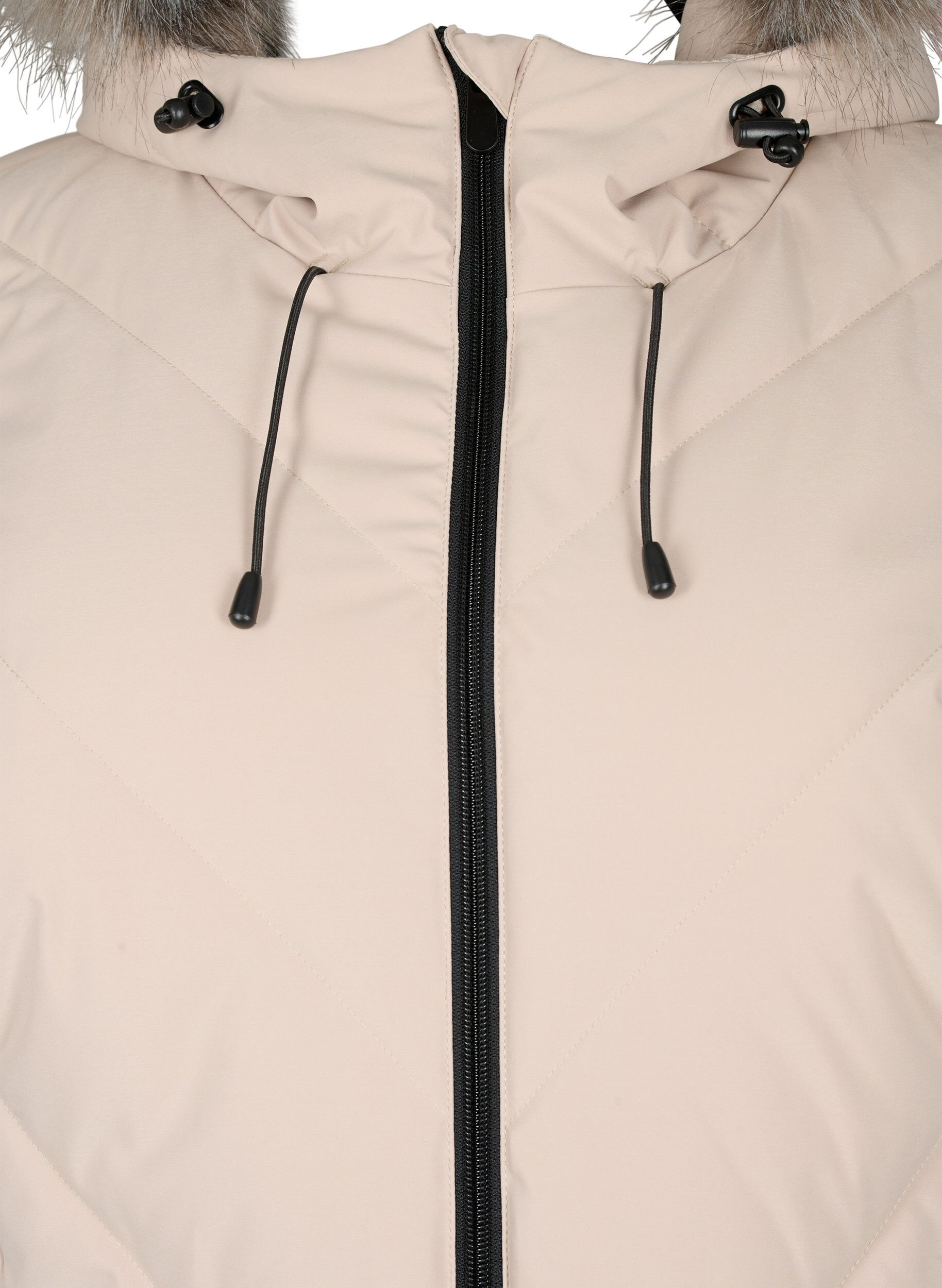 ZizziLang vinterjakke med h&aelig;tte og imiteret pelskrave, Beige, Packshot image number 2