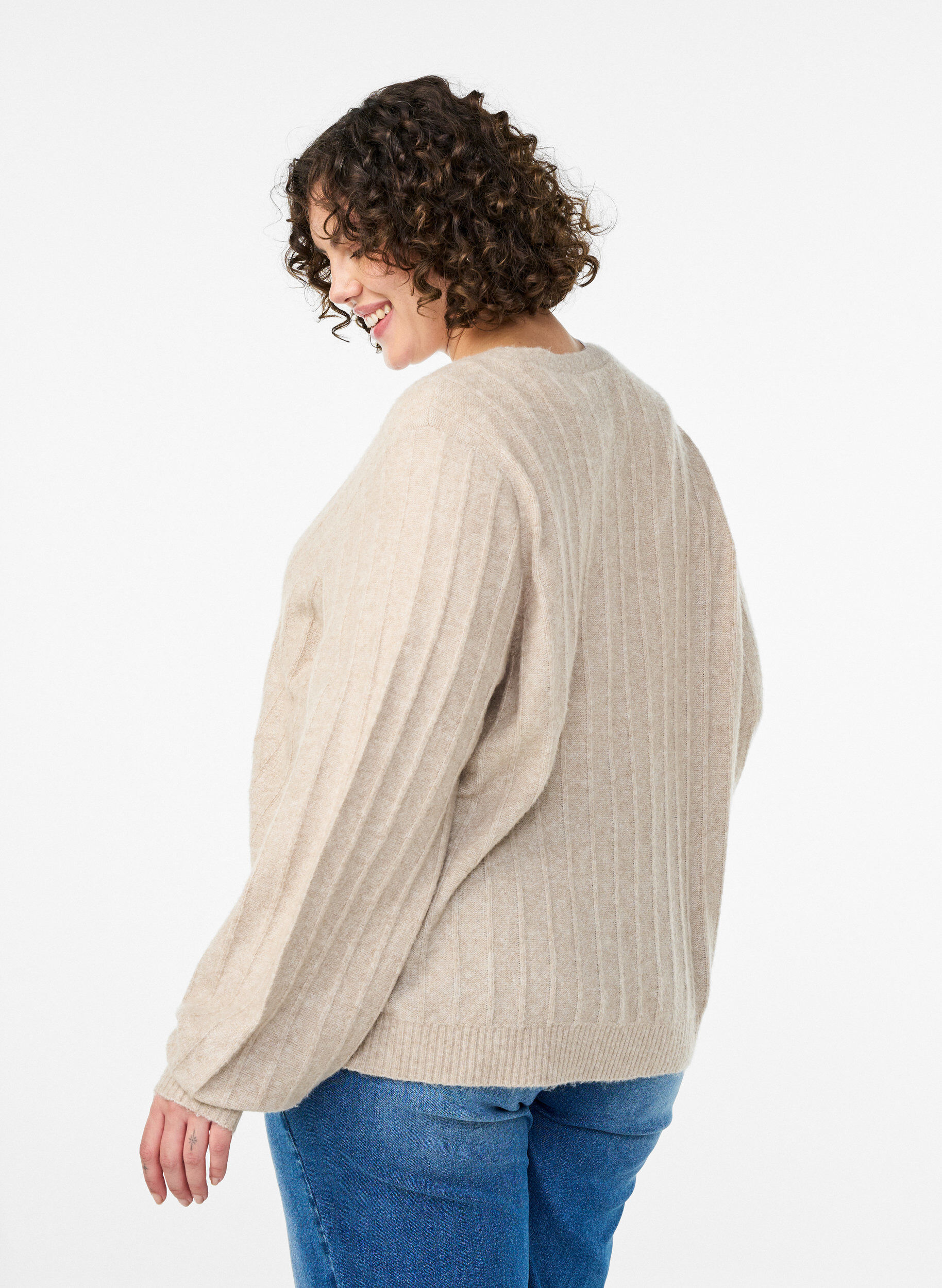 Zizzi Cardigan med ribstruktur og ballon&aelig;rmer, Beige, Model image number 2