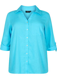 Skjortebluse med knaplukning i bomuldsmix med hør, Blue Atoll