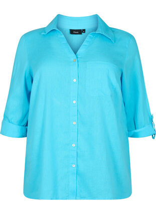Skjortebluse med knaplukning i bomuldsmix med hør, Blue Atoll, Packshot image number 0