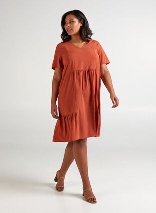 Kortærmet kjole med a-form, Burnt Brick, Model image number 2