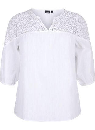 Bluse i bomuldsmix med hør og crochetdetalje, Bright White, Packshot image number 0