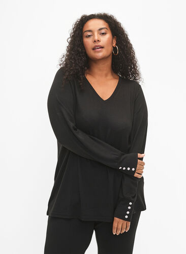 Langærmet bluse med bred manchet og knapper, Black, Model image number 0