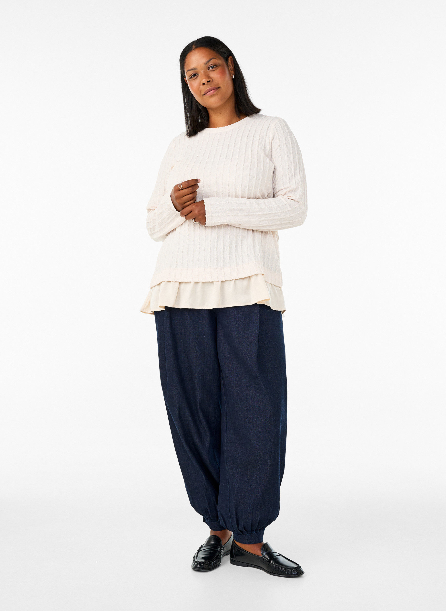 ZizziStruktureret bluse med fl&aelig;sekant, Vanilla, Model image number 1