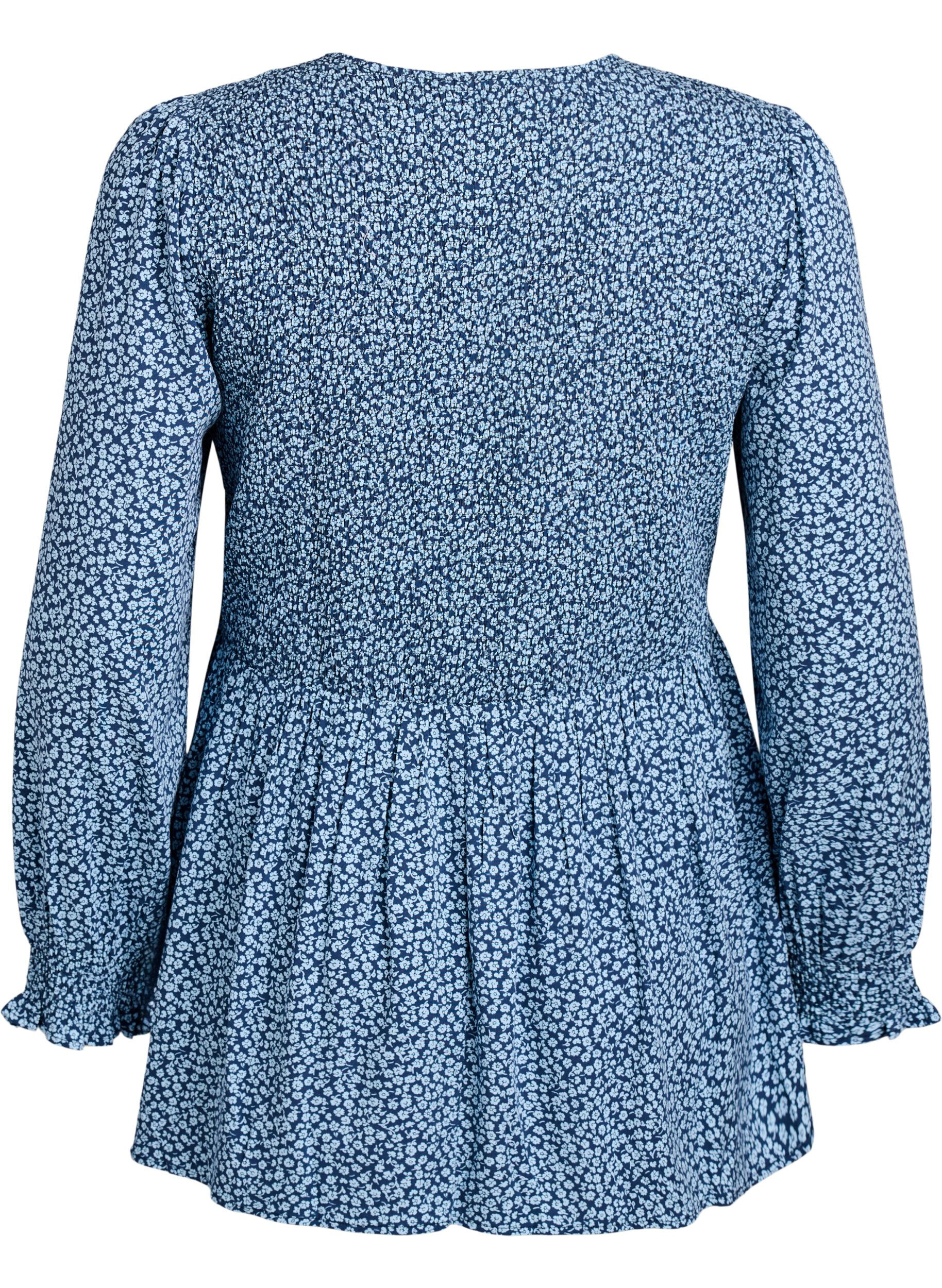 ZizziBluse med smockoverdel og blomsterprint, Bl&aring;, Packshot image number 1