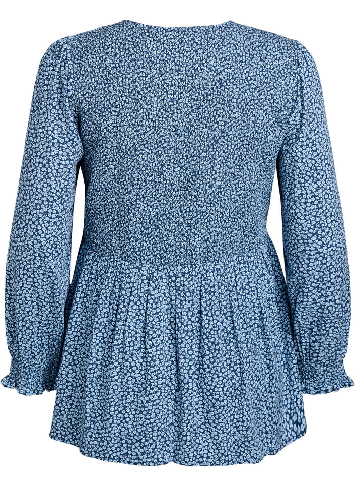 Bluse med smockoverdel og blomsterprint, Bl&aring;, Packshot image number 1