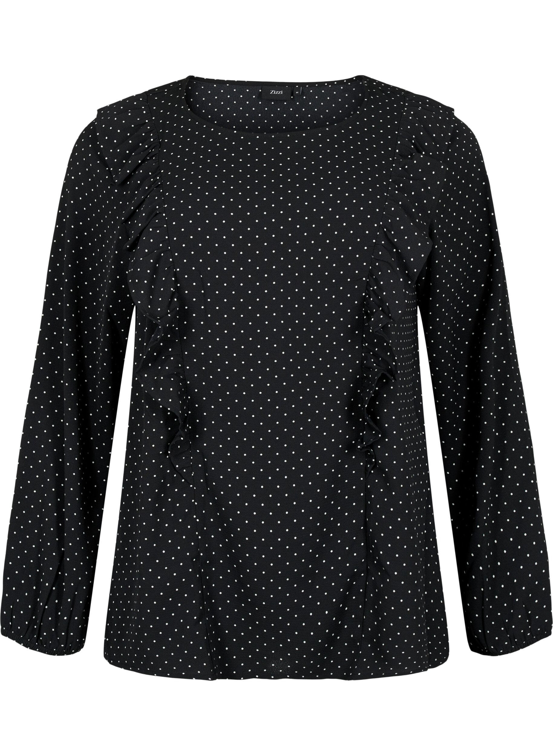 Zizzi Lang&aelig;rmet bluse med fl&aelig;ser, Black Dot, Packshot image number 0