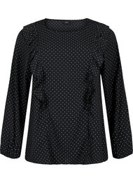 Langærmet bluse med flæser, Black Dot