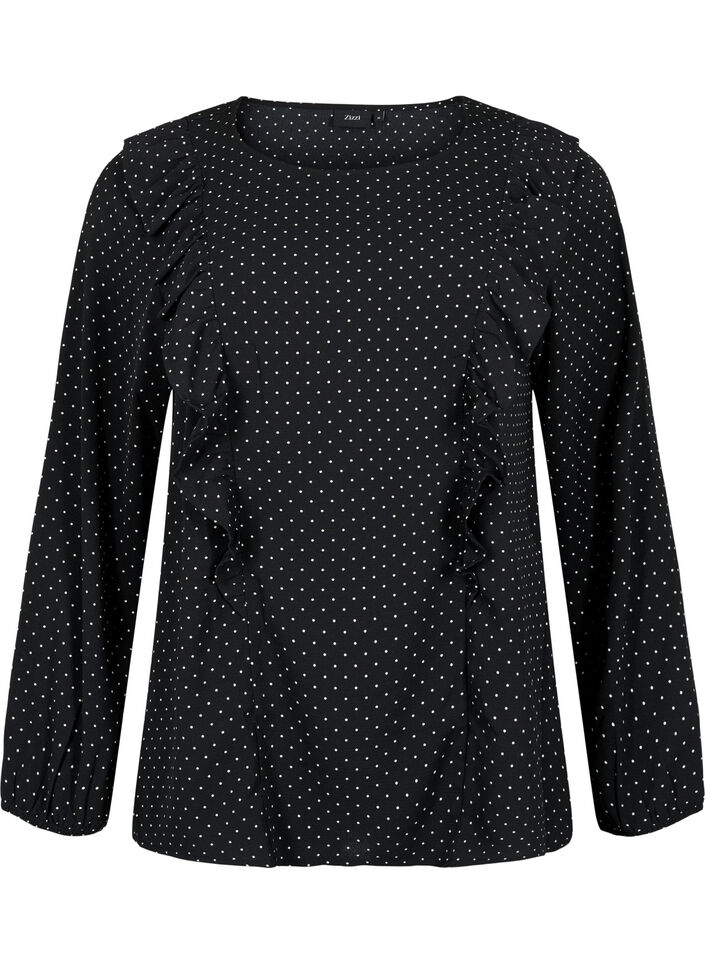 Langærmet bluse med flæser, Black Dot, Packshot image number 0
