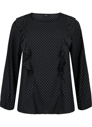 Langærmet bluse med flæser, Black Dot, Packshot image number 0