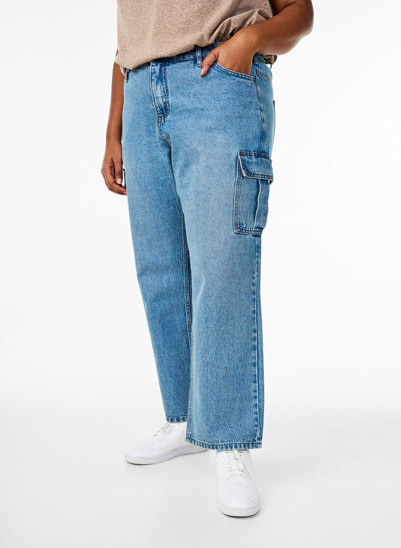 Løstsiddende cargojeans med høj talje, Light Blue, Model image number 2