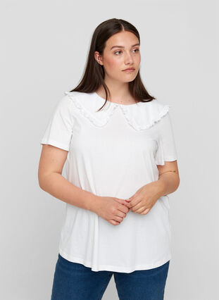T-shirt med krave i økologisk bomuld, Bright White, Model image number 0