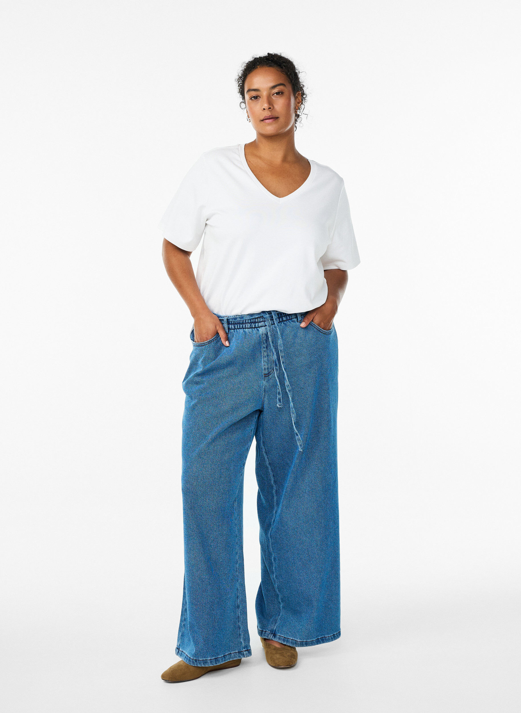 Loose fit jeans med elastisk talje og bindeb&aring;nd, Bl&aring;, Model