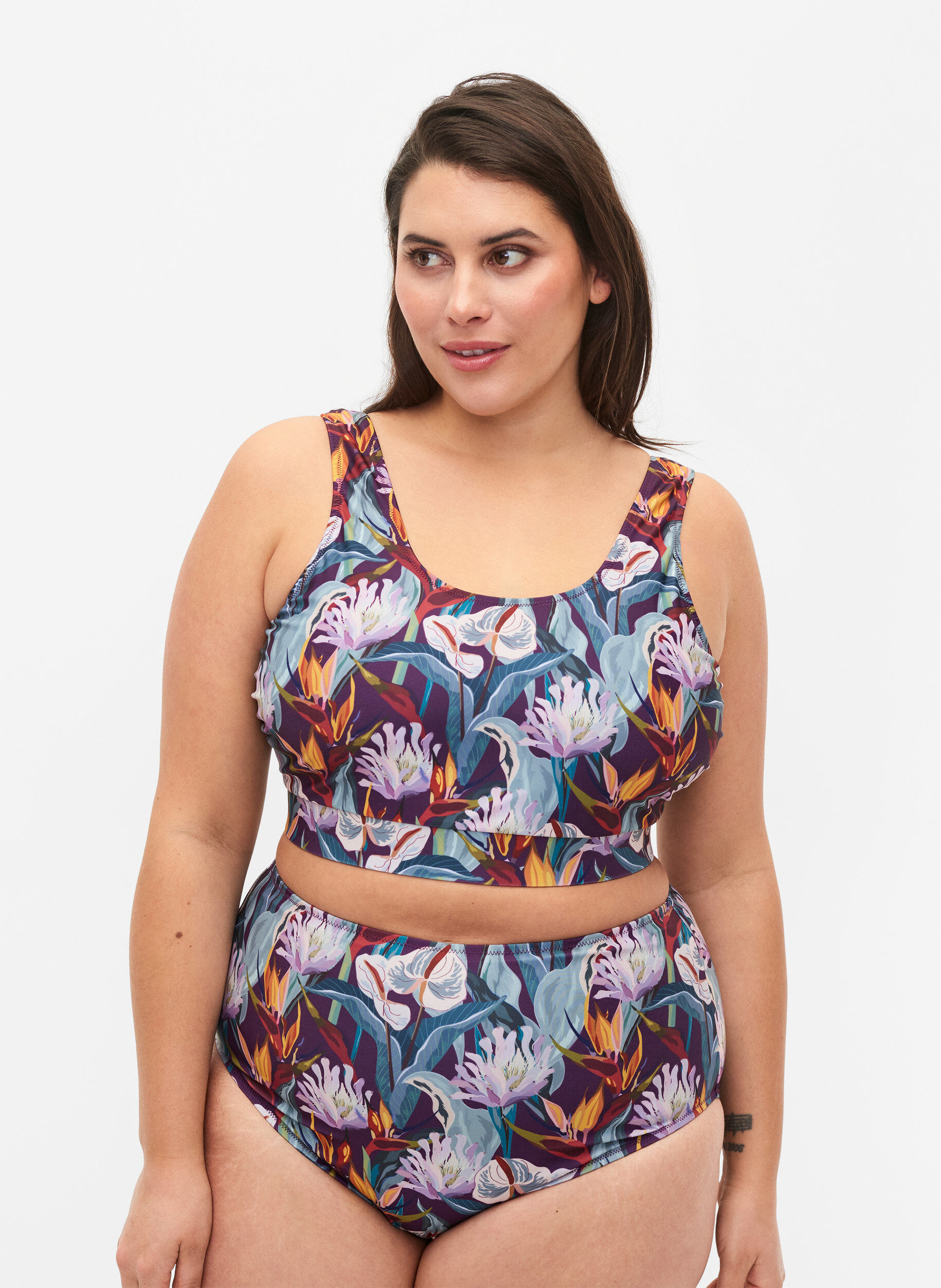Zizzi H&oslash;jtaljet bikini underdel med print, Gr&oslash;n, Model image number 0