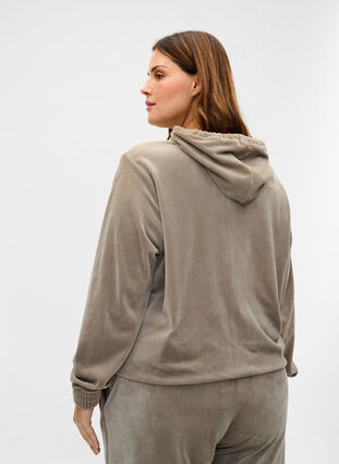Velour cardigan med lynlås og hætte, Taupe Gray, Model image number 1