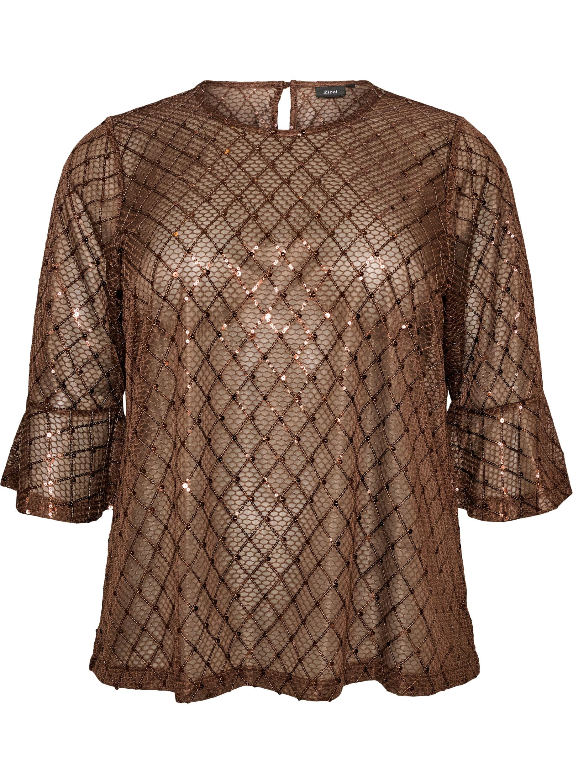 ZizziTransparent bluse med pailletter og diamantm&oslash;nster, Brun, Packshot image number 0