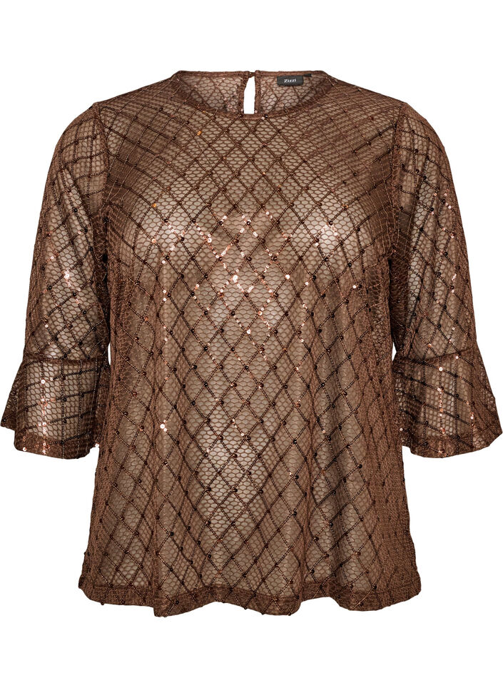 Transparent bluse med pailletter og diamantm&oslash;nster, Brun, Packshot image number 0