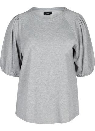Sweat bluse med pufærmer, Light Grey Melange, Packshot image number 0