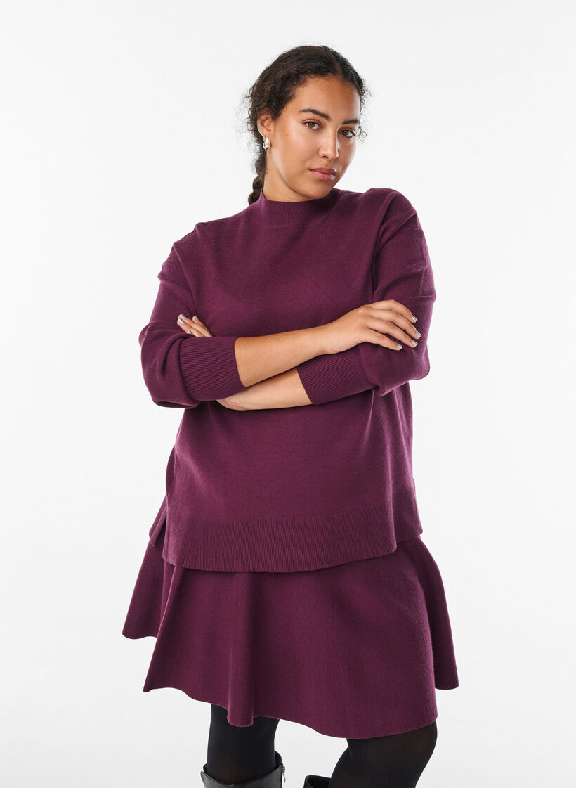 Strikbluse med høj hals, Mørk Bordeaux, Model image number 0