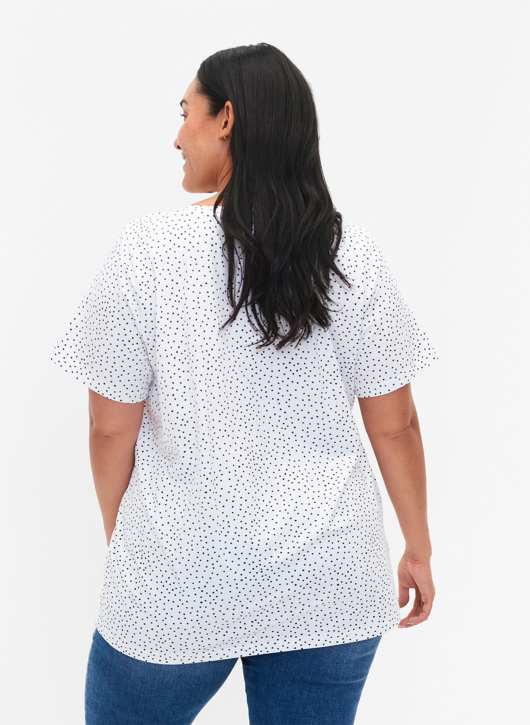 Zizzi Bomulds t-shirt med prikker og v-hals, B.White/Black Dot, Model image number 1