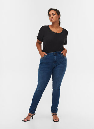 Nille jeans med høj talje og nitter, Medium Blue denim, Model image number 0