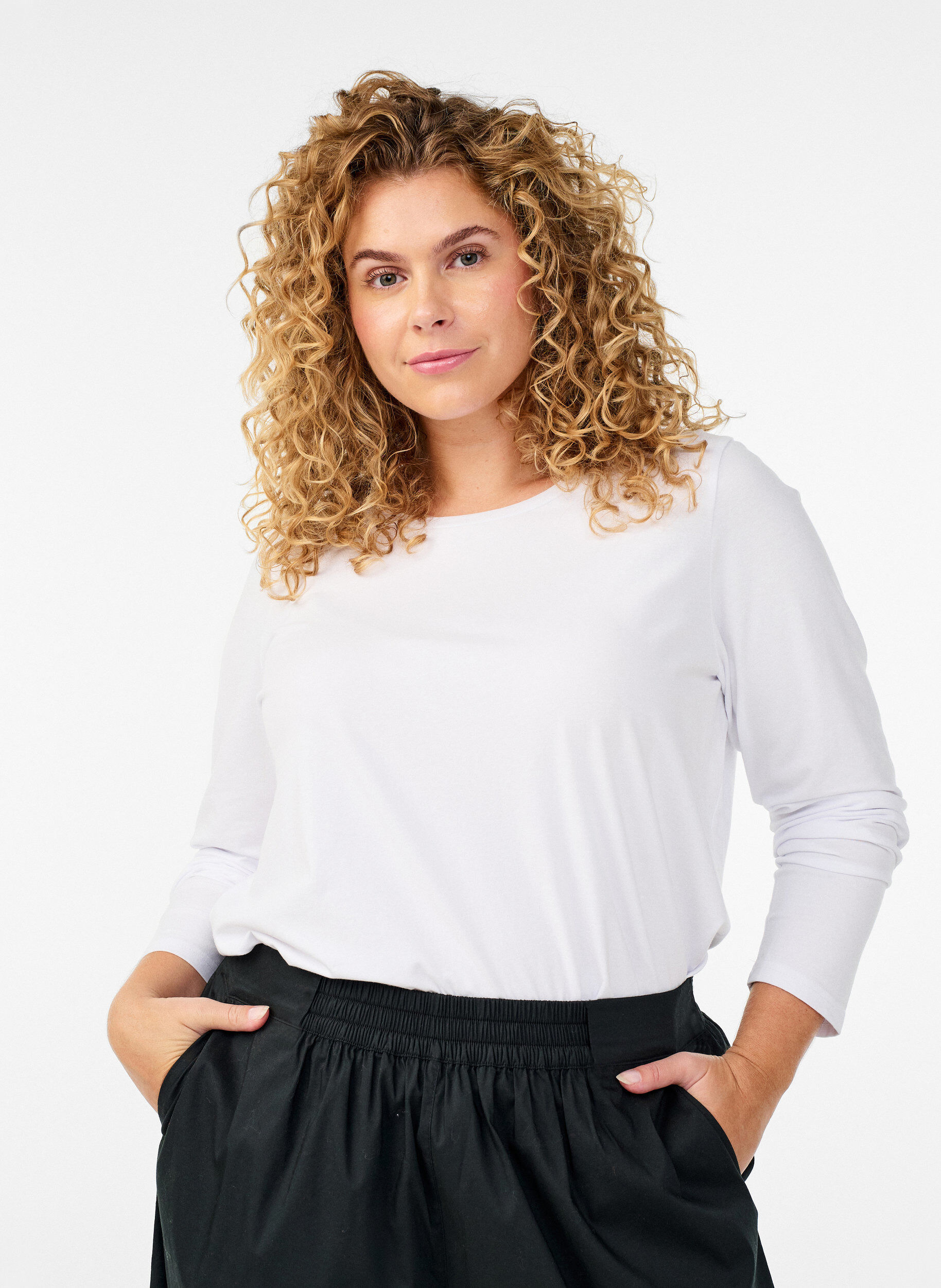 Basis jerseybluse med lange &aelig;rmer, Hvid, Model