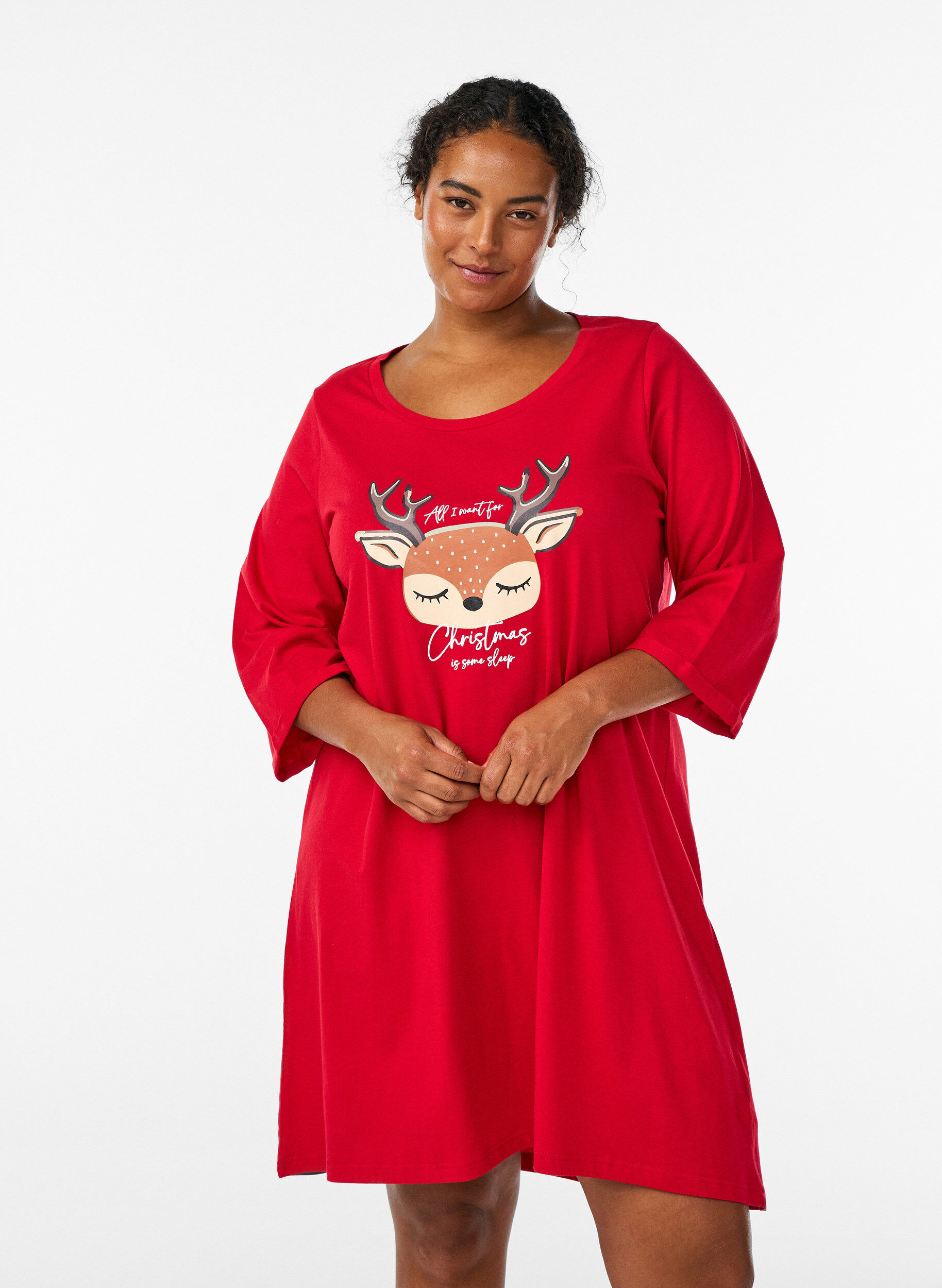 ZizziNatkjole i &oslash;kologisk bomuld med julemotiv, R&oslash;d, Model image number 0