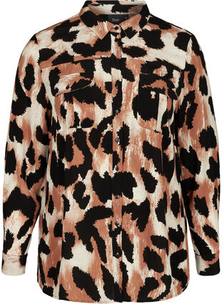 Viskose skjorte med leopard print, Black AOP, Packshot image number 0