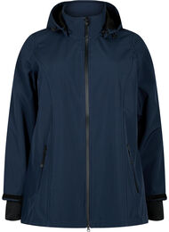 Kort softshell jakke med aftagelig h&aelig;tte, Bl&aring;
