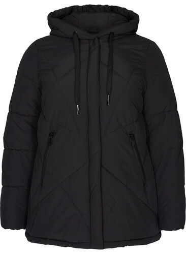 Kort vinterjakke med hætte og lommer, Black, Packshot image number 0