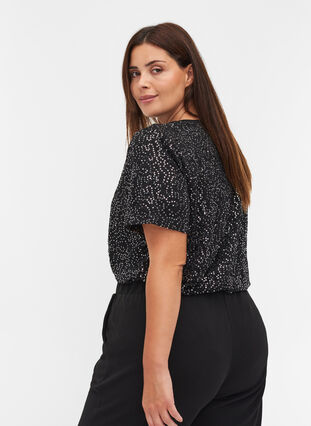 Kortærmet bluse med pailetter, Black, Model image number 1